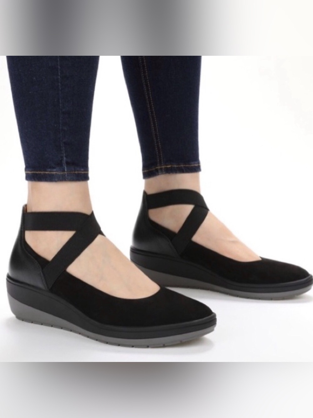 VIONIC 11 Ellery Ankle Strap Up Black Nubuck Leather Wedge